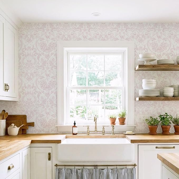 Ismoon Peel and Stick Wallpaper Pink Contact Paper 17.3in x 6.56ft Vintage Floral Wallpaper Boho Damask Removable Textured Wall Paper for Bedroom Bathroom Shelf Cabinet Décor