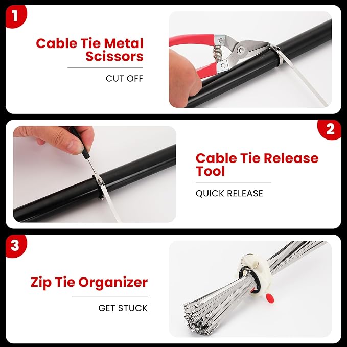Stainless Steel Cable Tie Gun Set – Heavy Duty Metal Zip Tie Tool Kit with 150PCS Self-Locking Ties, Adjustable Fastening & Cutting Tool for Outdoor Fencing, Exhaust Pipes(Black)