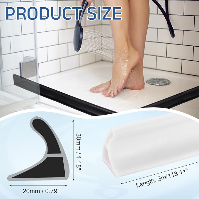uxcell Flexible Shower Water Barrier, 118" TPE Shower Edge Water Stopper Blocker Splash Guard for Bathtub Sink Washing Machine Dry and Wet Separation, 0.79"W x 1.18"H, White