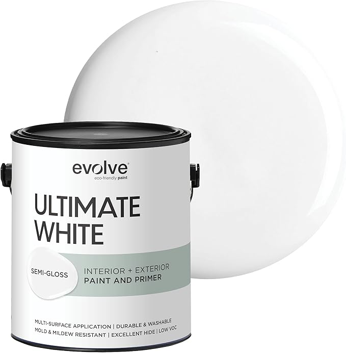 EVOLVE Ultimate White Paint & Primer in One, Semi-Gloss White, 1 Gallon – Interior & Exterior, One-Coat Coverage, Excellent Hide, Low Odor, Low VOC, Washable Paint for Walls, Ceilings & Trim