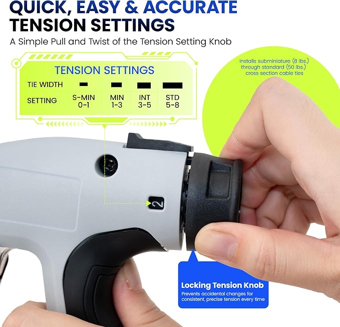 Low-Impact Cable Tie Gun for Plastic & Nylon Zip Tie, Replace Panduit GTS-E, Ergonomic Zip Tie Gun with Adjustable Tension, 16-Position Knob, Flush Cut, Low Handle Force, Fits 8-50 lb Cable Ties