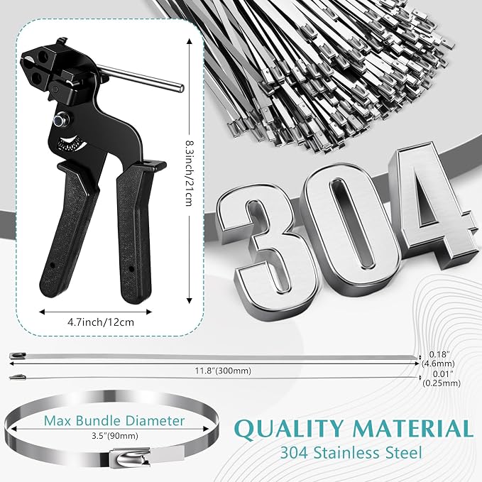 LEIFIDE 500 Pcs Metal Zip Ties Gun Kit, 11.8 Inch 304 Stainless Steel Metal Zip Cable Ties, Heavy Duty Self Locking 220 Pound Tensile Strength Cable for Exhaust Wrapping Fence Outdoor Workshop (Black)