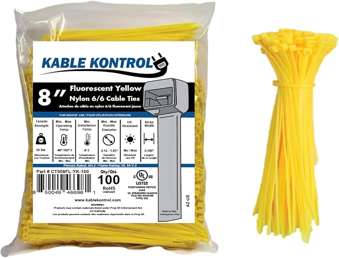 Kable Kontrol Fluorescent Yellow Zip Ties 8 Inch 100 Pcs, 50 Lbs Tensile Strength, Self-locking Nylon Colored Cable Ties Wire Wraps for Indoor or Outdoor Use… | Nylon Plastic, Self Locking, UL Listed, Indoor Use