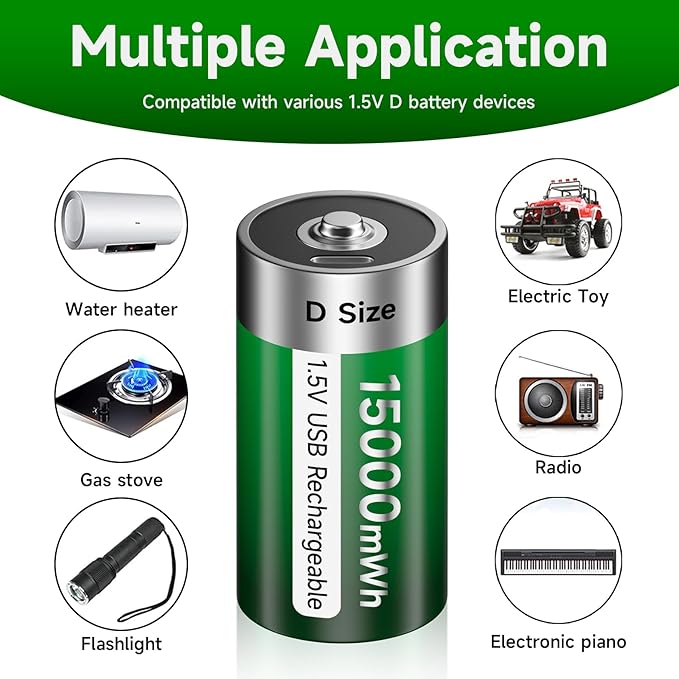 Rechargeable D Batteries 8 Pack, 15000mWh Rechargeable D Cell Battery with 4-in-1 USB-C Charging Cable, 1.5V Batteries D Size for Floodlight Toys, Water Heater, Gas Stove