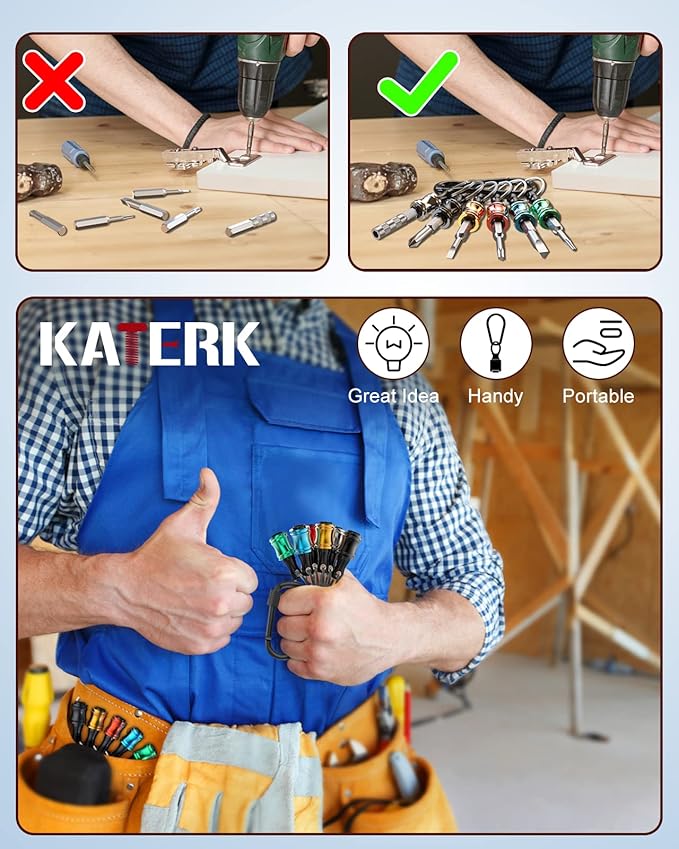 katerk 6pcs 1/4 inch Hex Shank Aluminum Alloy Screwdriver Bits Holder 4 Sets, Light-weight Quick-change Extension Bar Keychain Drill Screw Adapter Change Portable (With Black Carabiner)