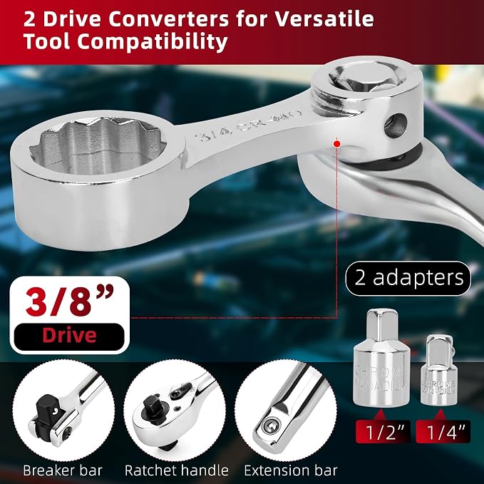12PCS Torque Adapter Set SAE, 5/16", 3/8", 7/16", 1/2", 9/16", 5/8", 11/16", 3/4", 13/16", 7/8" Torque Wrench Extension Adapter, 3/8" Drive, 12 Point Box End, with 1/2" & 1/4" Adapters