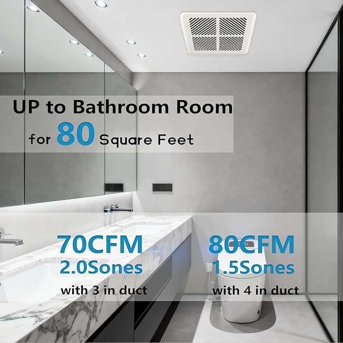 Tech Drive Very Quiet Bathroom Exhaust Fan - 80 CFM/70 CFM, 3&4-Inch Duct Included, Energy Star, No Attic Access, Ceiling Mounted for 75 Sq. Ft Bathrooms, Up to 80 CFM with 4-Inch Duct, White