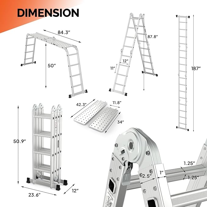 15.5 FT Folding Ladder, LUISLADDERS Multi-Purpose Ladder, Aluminium Extension Ladders 7 in 1 Heavy Duty Combination EN 131 Standard