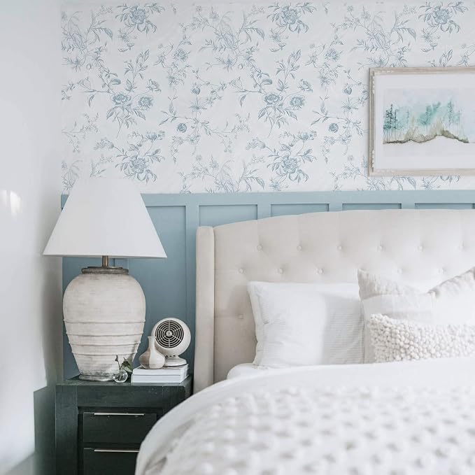 Ismoon Blue Wallpaper Peel and Stick Floral Vintage Stick on Wall Paper French Textured Contact Paper for Cabinet Removable Self Adhesive Wallpaper Vinyl Roll Shelf Deco, 17.3x393in