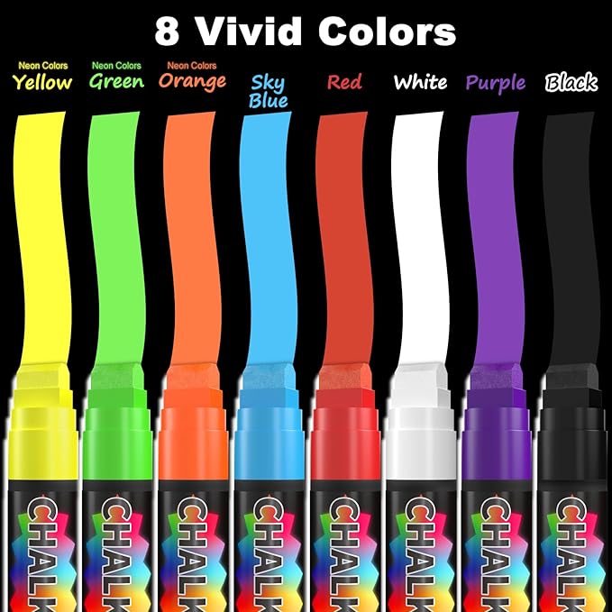 FansArriche Liquid Chalk Markers, 15mm Jumbo Car Window Markers, 8 Pack Erasable Neon Chalk Pens for Chalkboard, Blackboard, Glass, Signs, 3-in-1 Nib