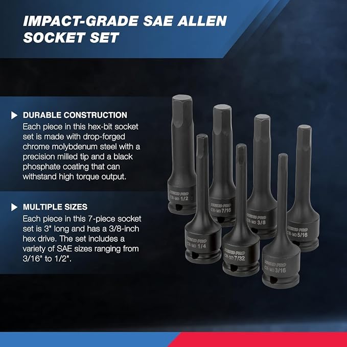 NEIKO 01131B 3/8-Inch-Drive Allen Socket Set, 3-Inch Length, 3/8-Inch Impact Hex-Bit Socket Set, SAE Hex Driver 3/16" to 1/2", CrMo Steel, Impact-Grade, 7-Piece Set