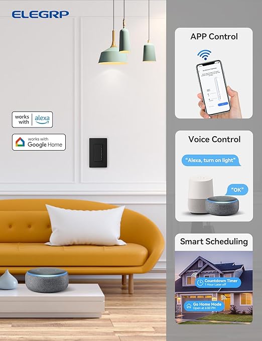 ELEGRP Single Pole Smart Dimmer Light Switch DPR10, 2.4GHz Wi-Fi Dimmer Switch Compatible with Alexa and Google Assistant, Needs Neutral Wire, No Hub Required, UL Listed, Matte Black, 4 Pack