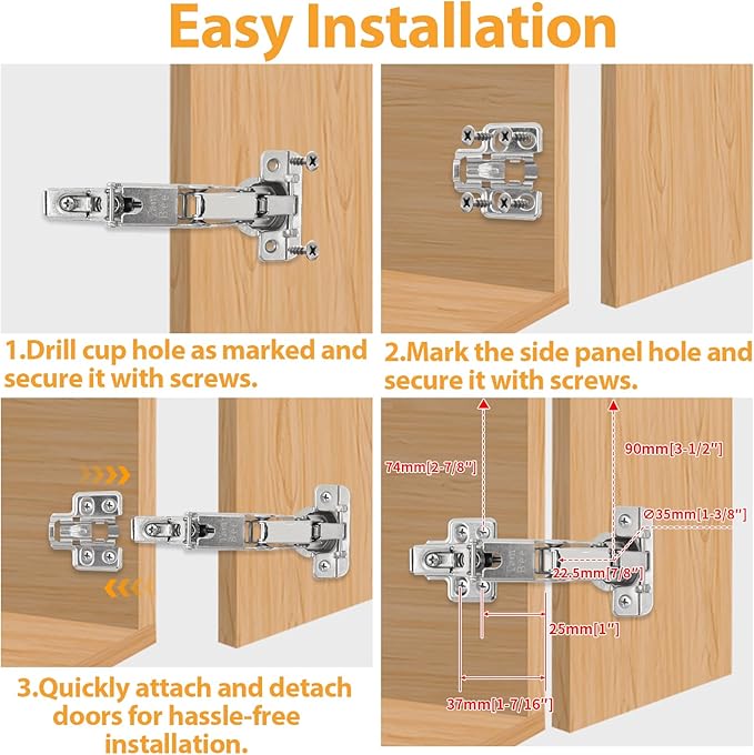 TamBee 175 Degree Hinges Frameless Cabinet Doors Hinges 48mm Concealed Hydraulic Adjustable Soft Closing Nickel-Plated Steel Buffer Dampers for Kitchen Corner,1 Pair/2Pcs (Full Overlay)