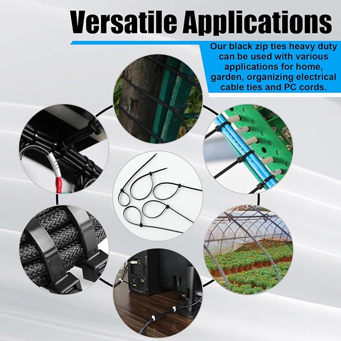 Reallnaive 50 Pcs 8 Inch Zip Ties Heavy Duty 120 Lbs Tensile Strength Black Nylon Wire Cable Ties for Indoor Outdoor