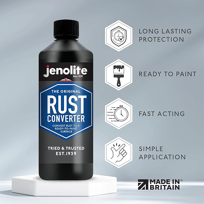 JENOLITE Rust Converter for Metal 500 ml (16.9 fl oz) All In One Fast‑Acting Water‑Based Rust Reformer, Primer & Inhibitor in One. Converts Rust to a Paint‑Ready Surface. Made in Britain