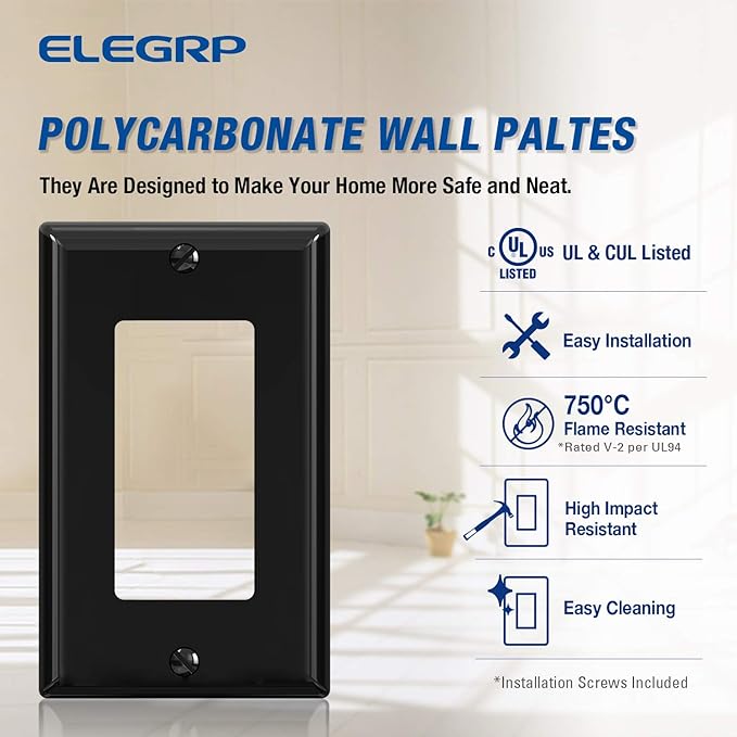 ELEGRP Decorative Receptacle Wall Plate, 1-Gang Standard Size Outlet Decorator Cover, Unbreakable Polycarbonate Dual Port Faceplates Covers, UL Listed, Screws included (20 Pack, Glossy Black)