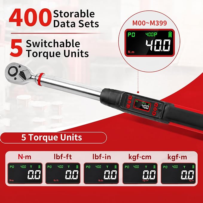 1/2 Inch Digital Torque Wrench,14.7-295 Ft-lb (20-400Nm) ±2% High Precision Electronic Torque Wrench, Dual Mode, Triple Alert, 72-Tooth Ratchet, Heavy Duty for Auto Truck Mechanical Repair