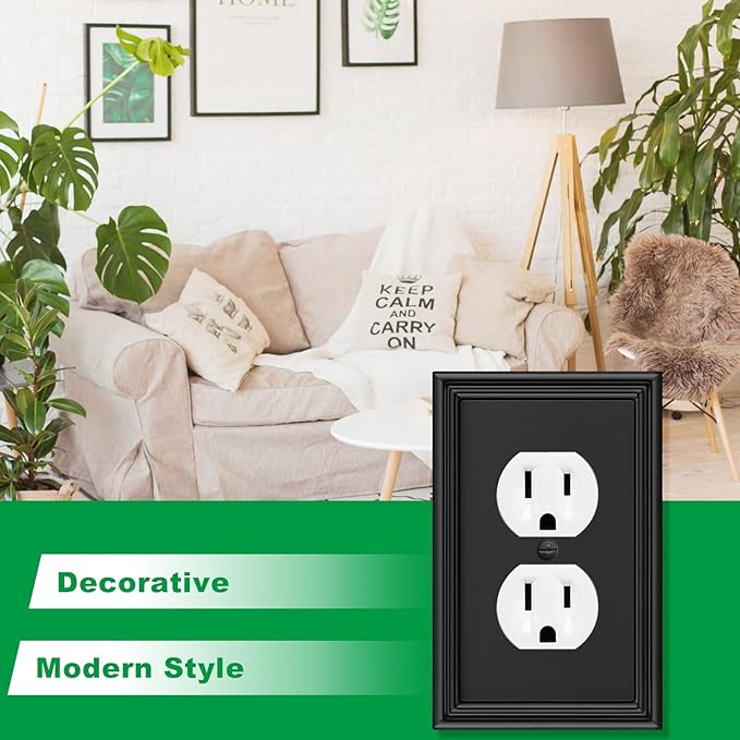 Black Modern Decorative Outlet Covers Wall Plate Electrical Switch Plates and Receptacle Outlet Covers Bamboo Fiber Material Wall Plates for Kitchen Bathroom (1 Gang Duplex Outlet-4 Pack)