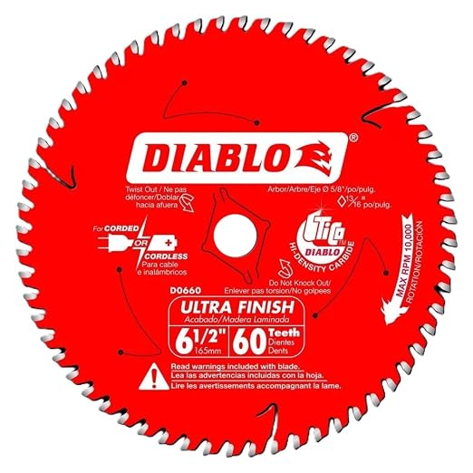 Diablo Tooth Ultra Finish Saw Blade - 6-1/2" Dia x 60 ATB, 10000 Max RPM | Clean Crosscuts and Rip Cuts in Wood Plywood and Melamine, Thin Kerf Design - D0660X