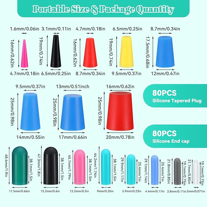 Yalikop 186Pcs Powder Coating Plugs and Tape Assortment Kit 1/16" to 3/4" Silicone Rubber Tapered Plug for Powder Coating Painting Masking
