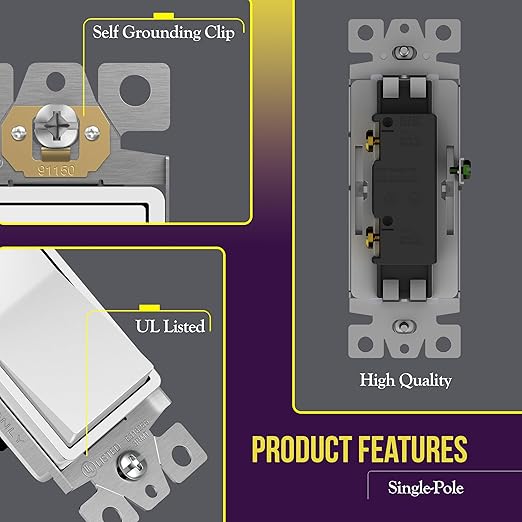 ENERLITES Decorator Paddle Rocker Light Switch, Gloss Finish, Single Pole, 3 Wire, Grounding Screw, Residential Grade, 15A 120V/277V, UL Listed, 91150-W-40PCS, White (40 Pack)