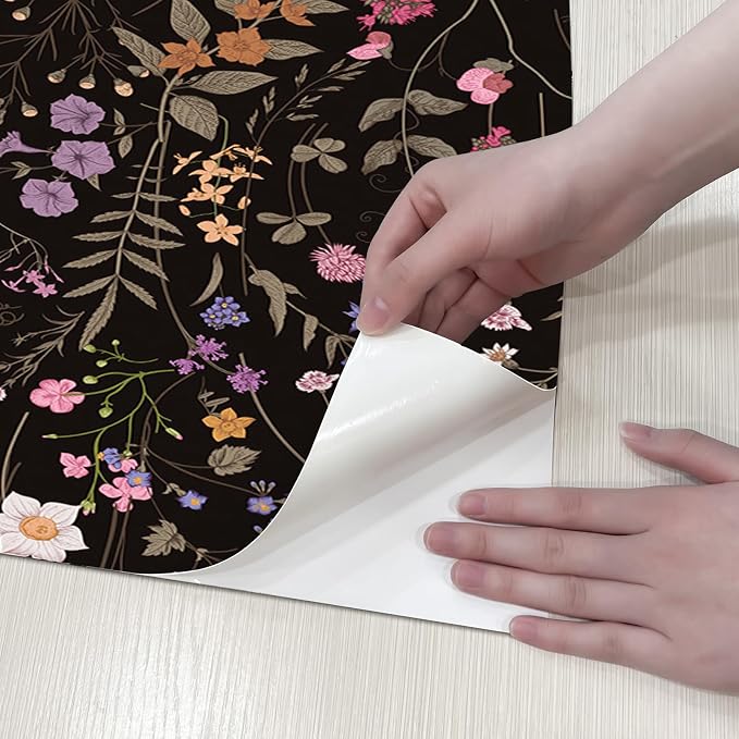JiffDiff Floral Wallpaper Peel and Stick- Farm Wildwood Daisy Flower Stick on Wallpaper Dark Floral Self Adhesive Contact Paper (17.3" x 118", Timeless)