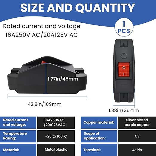 16A 220V Inline Cord Switch, On/Off Rocker Appliance Switch with LED Light, Waterproof Inline for High Power Lamps, Industrial Equipment & Home Appliances