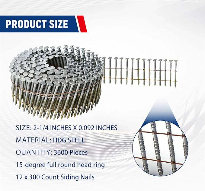 waltyotur 2-1/4Inch x 0.092Inch Collated Wire Coil Siding Nails 15-Degree Full Round-Head Ring 3600 Count Hot-Dipped Galvanized for Rough Nailing of Lathing and Sheathing Materials