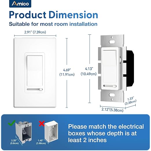 Amico Dimmer Light Switch, Single-Pole or 3-Way Slide Dimmer Switches for Led Lights, Suitable for 150W Dimmable LED/CFL and 600W Incandescent/Halogen, Wall Plate Included, ETL Listed, 6 Pack, White