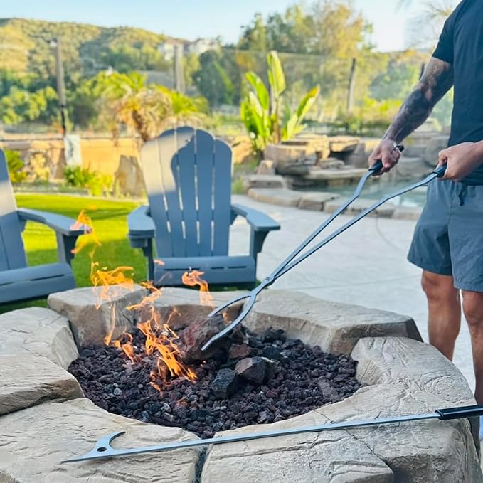 40in Fire Tongs and Fire Poker Set Stainless Steel | Firepit Tools Set Large Log Grabbers for Outdoor Fire Pit Bonfire Campfire Backyard Deck Indoor Fireplace Tools Set