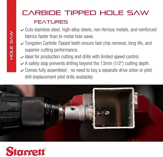Starrett Tungsten Carbide Tipped Stainless Steel Sheet Metal Hole Saw - Ideal for Stainless, High Alloy Steel, Non-Ferrous Metals, Reinforced Fabrics - 25/32" Diameter - SM20