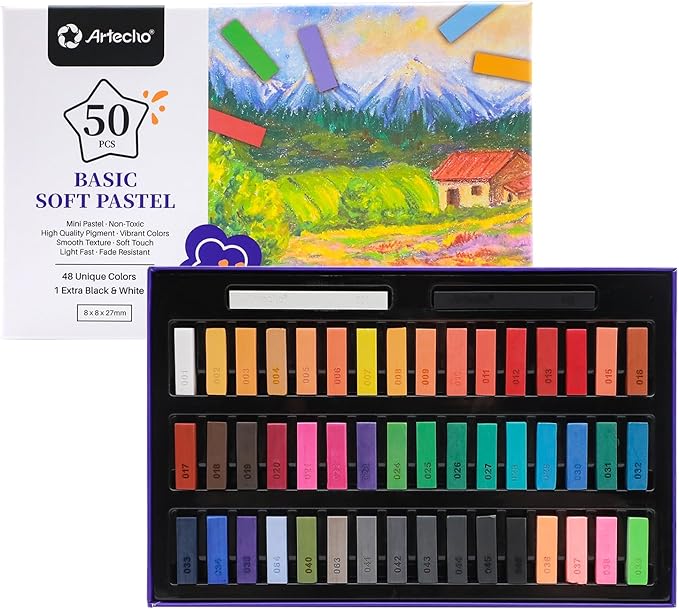 Artecho 50pcs Soft Pastels, 48 Colors Including 4 Fluorescent Colors, Extra Free Black & White, Square Chalk for Drawing, Blending, Layering, Shading, Pastels Art Supplies