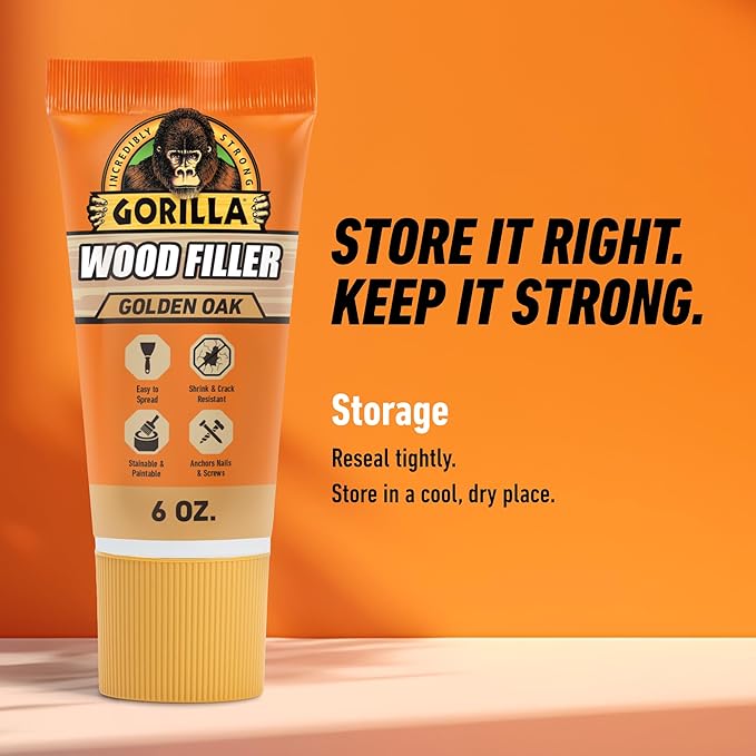 Gorilla All Purpose Wood Filler, Golden Oak Color, 6 Ounce Tube (Pack of 6) - Water Resistant for Indoor or Outdoor Projects and Repairs