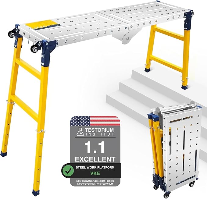 VKE Galvanized Steel Large Work Platform Support 1000 lbs 55"x14", Height 27 to 43 inches Adjustable Folding Portable Platform, Corrosion Resistance Platform Ladders with Rollers Easy to Move Store