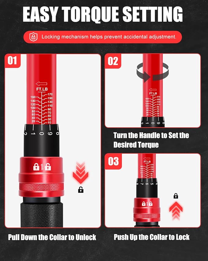 1/2" Drive Click Torque Wrench Set 10-170 Ft-lb, +/-3% Accuracy | ISO 6789 Certified Lug Nut Torque Wrench with 17/19/21mm Impact Sockets, Extension Bar & Adapter for Car SUV Truck Wheels