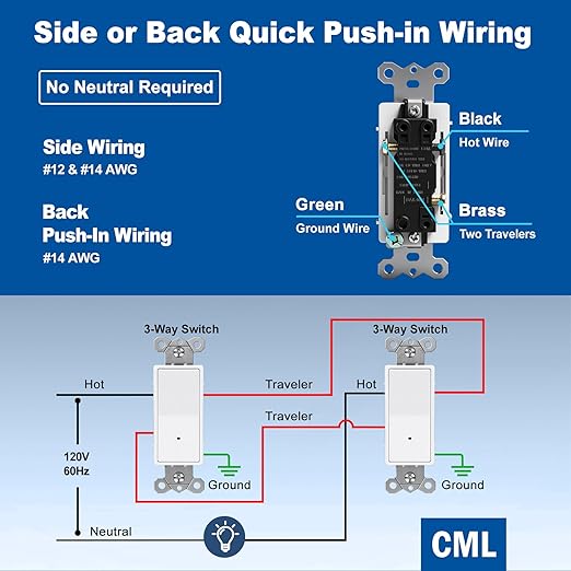 CML 3-Way Illuminated Light Switch, Decorator Rocker Wall Switch with LED Guide Night Light, 15A 120V Paddle Interrupter with Automatic On/Off Sensor, ETL Listed, White, 5 Pack