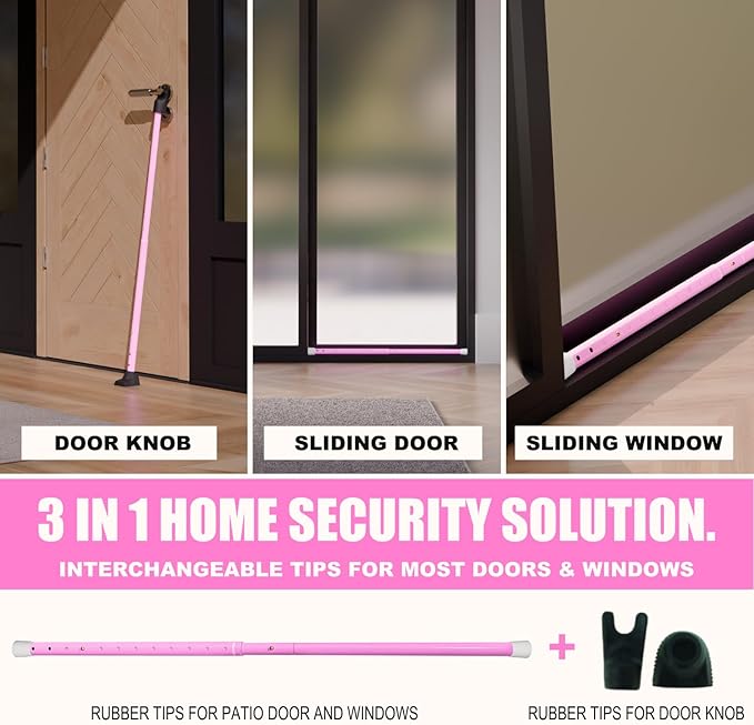 SECURITYMAN 3-in-1 Door Security Bar, Security Door Stoppers & Door Barricade – Heavy Duty Adjustable Iron Security Lock Bar for Home Defense, Apartment & Travel Safety (1 Pack - Pink)