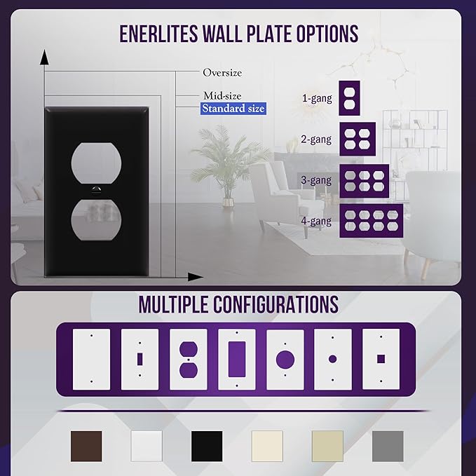 ENERLITES Duplex Receptacle Outlet Wall Plate, Size 1-Gang 4.50" x 2.76", Unbreakable Polycarbonate Thermoplastic, 8821-BK, Black