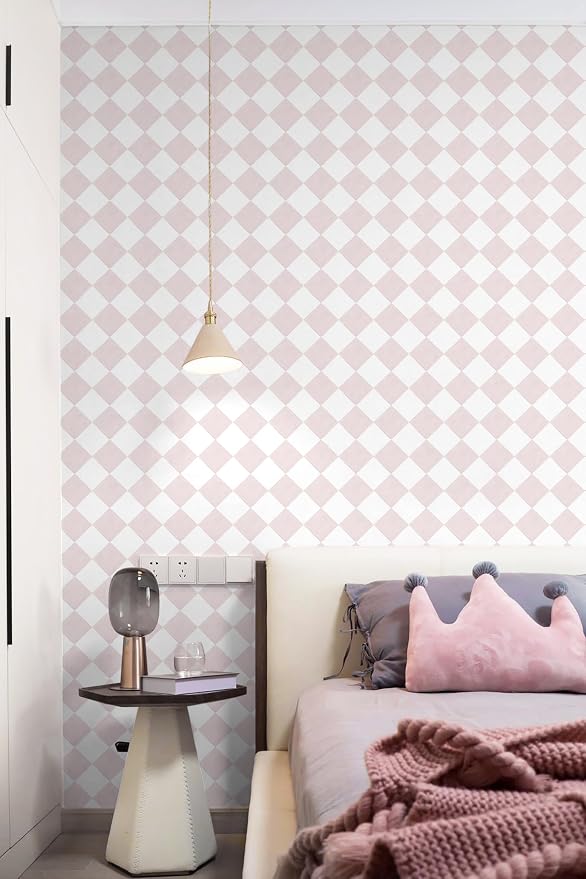 Safiyya Pink Wallpaper Geometric Checkered Peel and Stick Wallpaper Self Adhesive Removable Contact Paper Pink Check Wall Paper for Bedroom Nursery Room Cabinet 78.7"x 17.3"