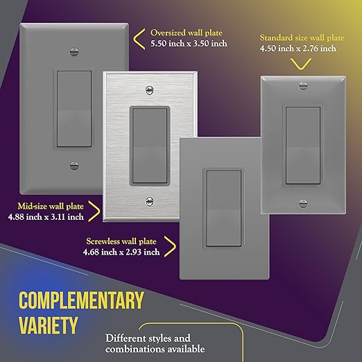 ENERLITES Decorator Paddle Rocker Light Switch, Gloss Finish, Single Pole, 3 Wire, Grounding Screw, Residential Grade,15A 120V/277V, UL Listed, 91150-GY-10PCS, Gray (10 Pack)