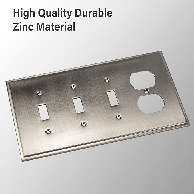 Henne Bery Soft Modern Decorative Wall Plate Switch Plate Outlet Cover (Triple Toggle/Single Duplex, Satin Nickel)