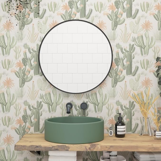 Light Cactus Floral Peel and Stick Wallpaper 17.5" x 118",Beige | Self Adhesive/Removable/Waterproof/Thick Vinyl Contact Paper for Bathroom Bedroom Shelf Cabinet Drawer,Prepasted,Easy Peel