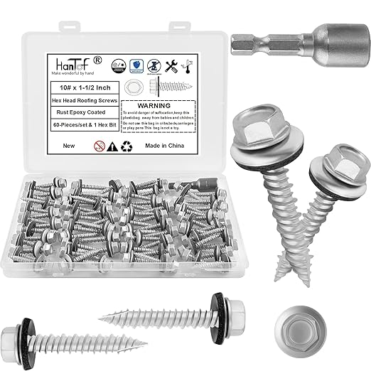 Metal Roofing Screws #10 × 1-1/2 Inch, 60-PCS, Hex Head Rustpert Coating Sheet Metal to Wood Siding Screw with EPDM Rubber Washer, Sharp Point, Hex Socket Included