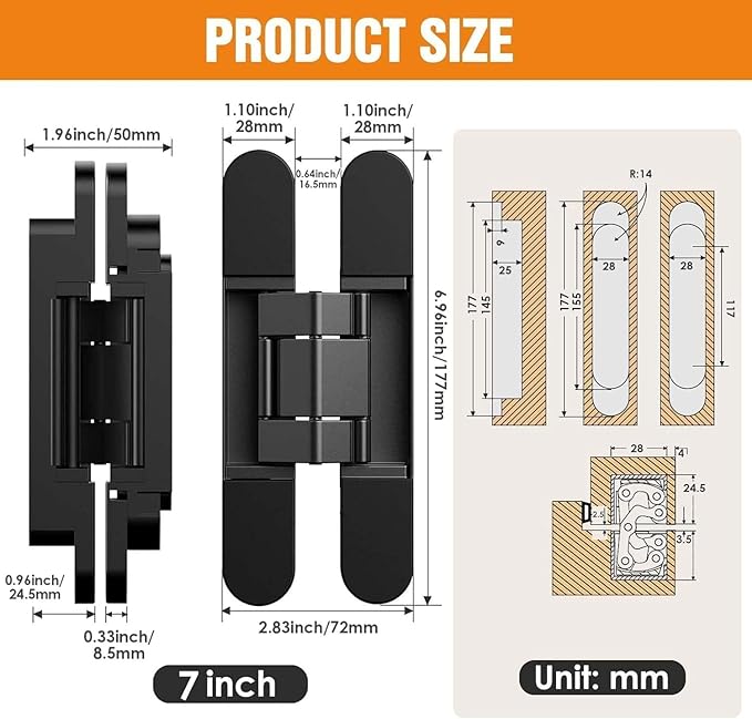 7" Hidden Door Hinge/Concealed Hinges,Invisible Hinges,Invisible Door Silent 180 Degree Swing Hinge 3-Way Adjustable Butt 7 x 2.8 x 1 (Black, 7 inches)