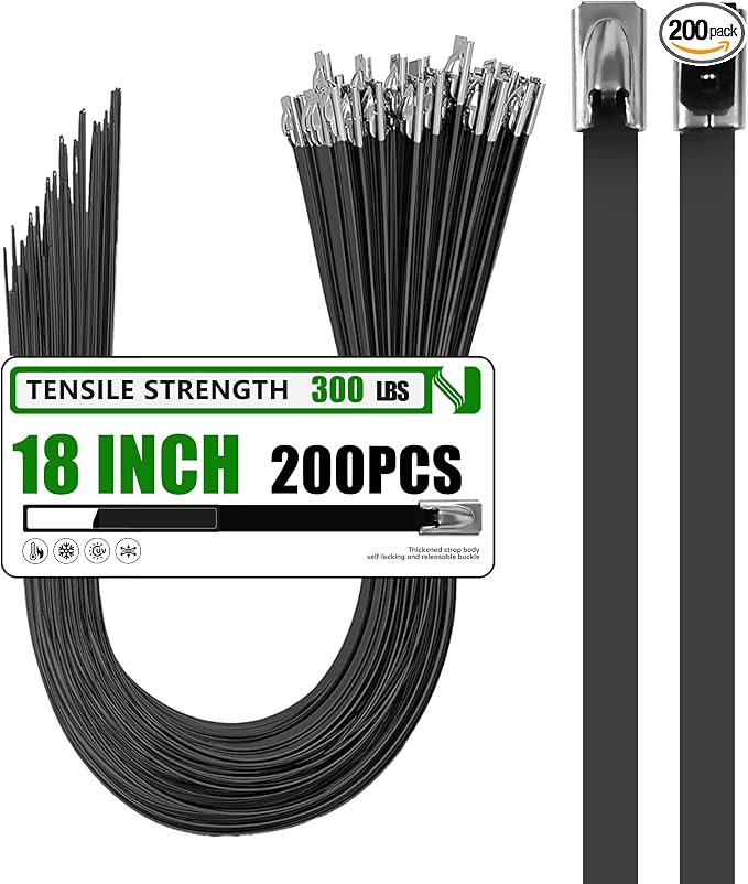 Metal Zip Ties 200 Pack 18 Inch, 304 Stainless Steel 300LBS Heavy Duty Zip Ties Black - Self-Locking Cable Ties for Exhaust Wrap，Chain Link Fence Parts, Outdoor Farms,Pipes