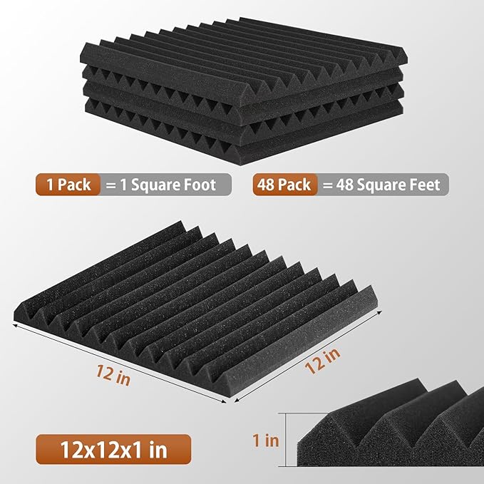 SD SODOCT 48 Pack Acoustic Foam Panels with Self Adhesive 12" X 12" X 1" Sound Proof Foam Panels for Walls High Density Wedge Soundproof Wall Panels for Studio Office Gaming Room