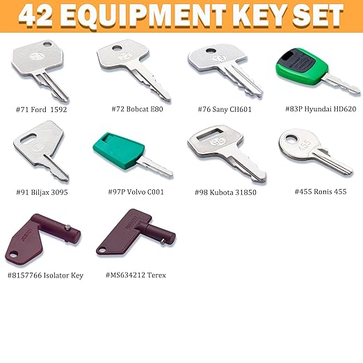 42 Heavy Equipment Key Master Set, Construction Machine Ignition Keys for CAT Caterpillar Volvo JCB JLG John Deere Hyster Komatsu Kubota Yanmar Daewoo Takeuchi Ford New Holland and More