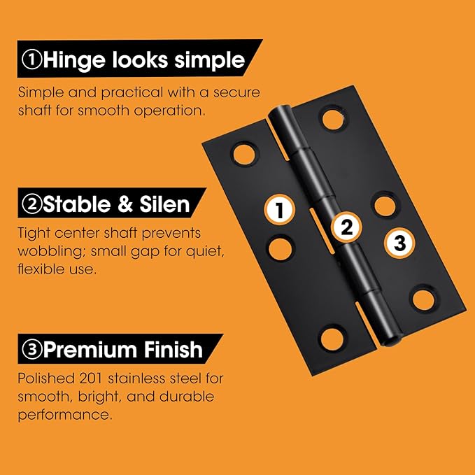 20 PCS 2.5 inches Black Door Hinge Cabinet Door Hinges Stainless Steel Butt Hinges Home Furniture Hinges Bisagras for Door, Window, Case Lid, Wooden Box Chest with 120 Mounting Screws, Black