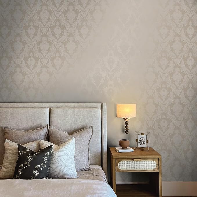 Tempaper Textured Beige Damsel Removable Peel and Stick Damask Wallpaper, 20.5 in X 16.5 ft, Made in the USA