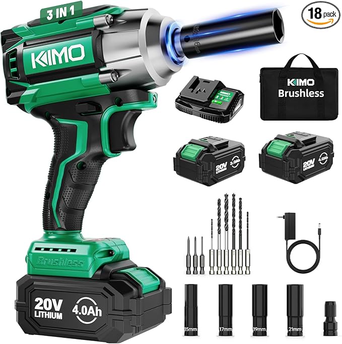 KIMO Impact Wrench 1/2 Cordless, Impact Gun for Car Tire, 20V Impact Driver | 550N.m (410ft-lbs), 4000RPM/3500IPM , 4 Sockets, 9-Piece Drill& Driver Set, Safety Lock, Variable Modes, 2 x 4000mAh Battery